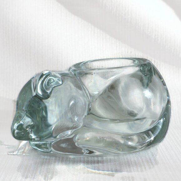 Vintage Indiana Glass Cat - Candle Holder - Clear Glass Sleeping Cat - Picture 1 of 12
